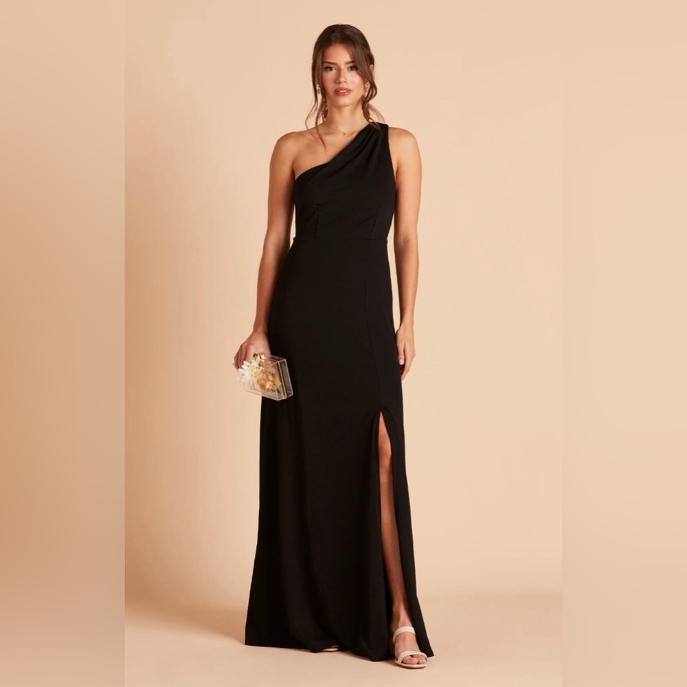 Birdy Gray NWT One Shoulder Black Kira Crepe Gown Front Slit Stretch Size S/M